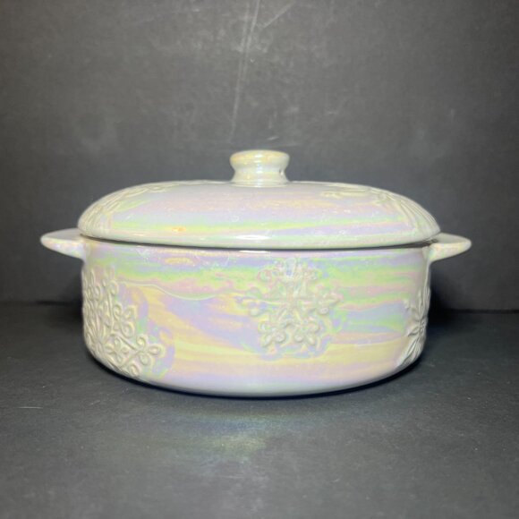 Ciroa Iridescent Stoneware Ceramic Raised Floral Pattern Casserole Dish w/ Lid - Picture 2 of 9